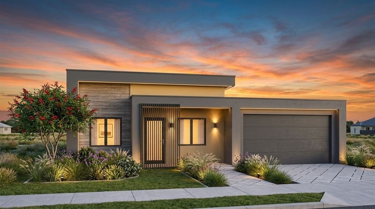 Render exterior del Modelo Algarrobo: casa de una planta con techo plano, frente en símil madera y revoque gris, carpinterías negras y jardín de gramíneas.