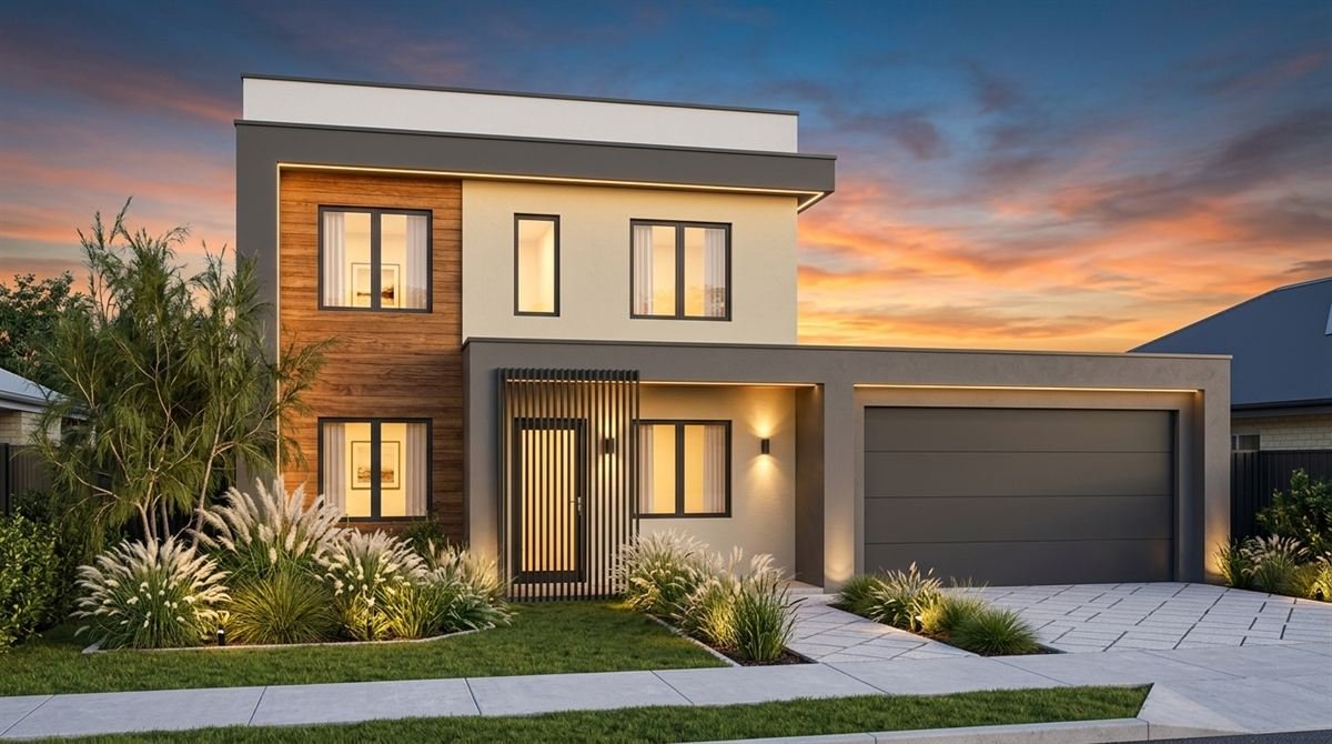 Render exterior del Modelo Fresno: casa en dos plantas con techo plano, paño vertical de madera en el frente, carpinterías negras y jardín de gramíneas.