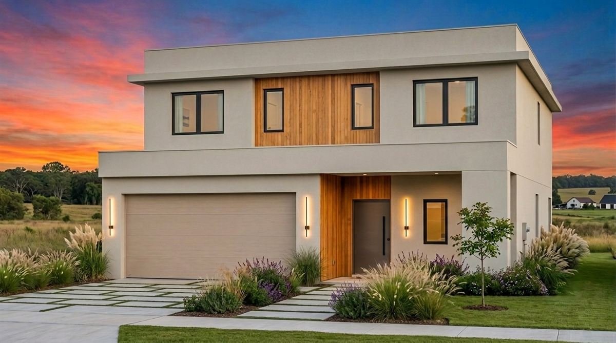 Render exterior del Modelo Jacarandá: casa familiar en dos plantas con volumen saliente, revestimiento de madera en el acceso y garaje para dos autos.